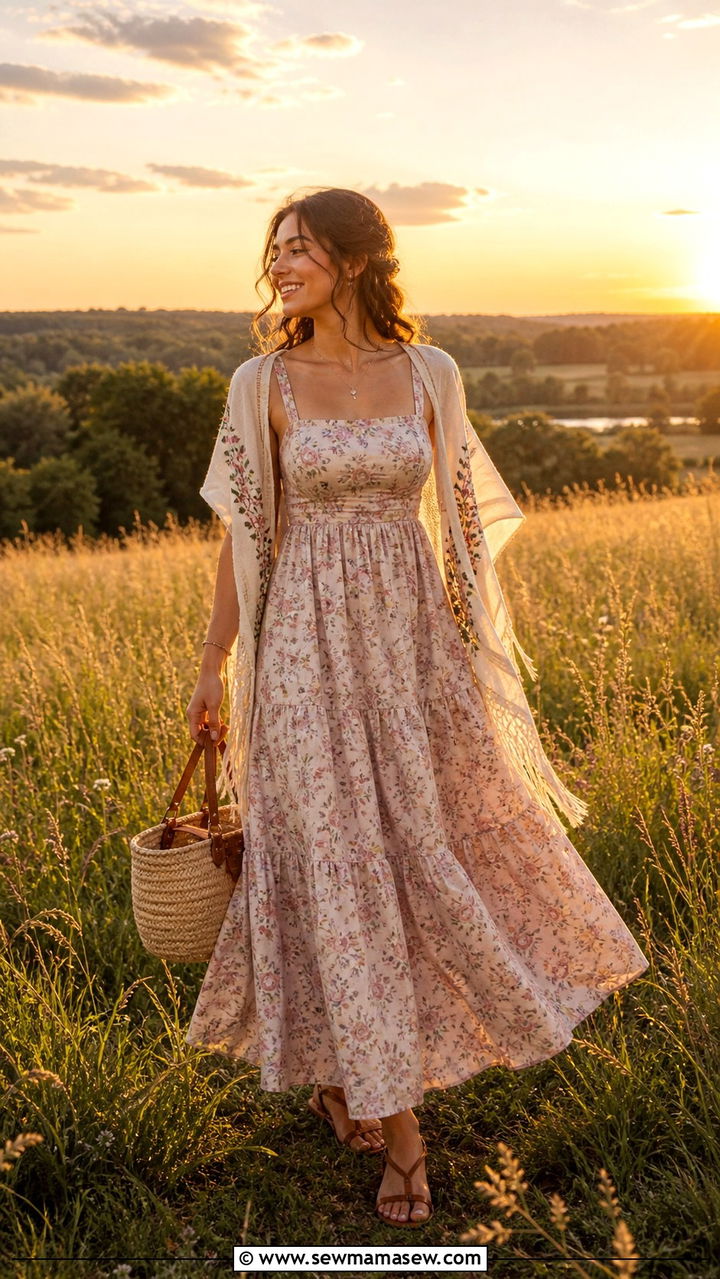 Tiered Maxi Dress with Flat Sandals - 40 summer cottagecore outfits