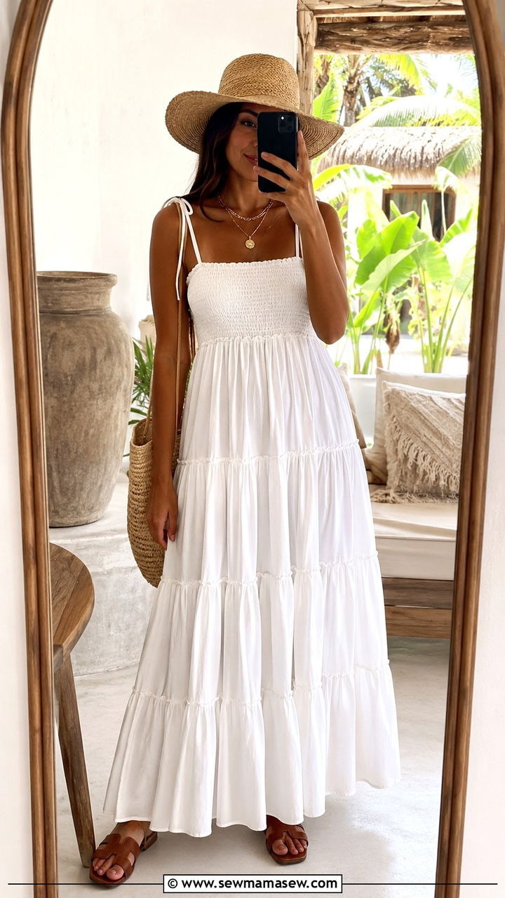 Tiered Maxi Dress with Flat Sandals - 20 Outfit ideas for apron belly
