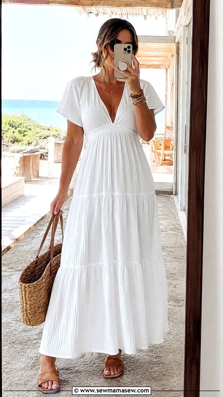Tiered Maxi Dress with Flat Sandals and a Straw Tote - 25 Outfit ideas for apple shape 2026