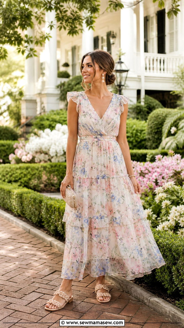 Tiered Maxi Dress with Flat Sandals for a Garden District Wedding Guest Look - 40 What to wear in New Orleans
