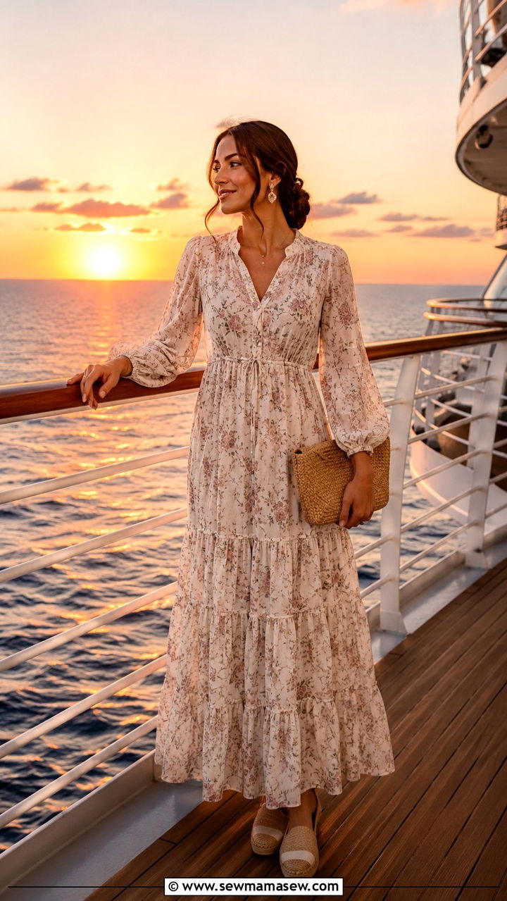 Tiered Maxi Dress with Full Sleeves - 30 modest cruise outfit ideas