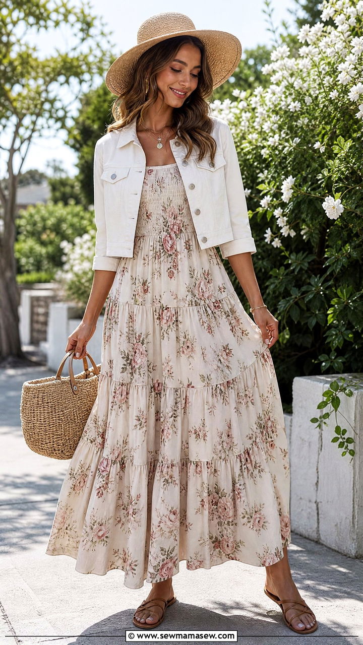 Tiered Maxi Dress with Jacket Outfit - 30 summer day to night outfit ideas