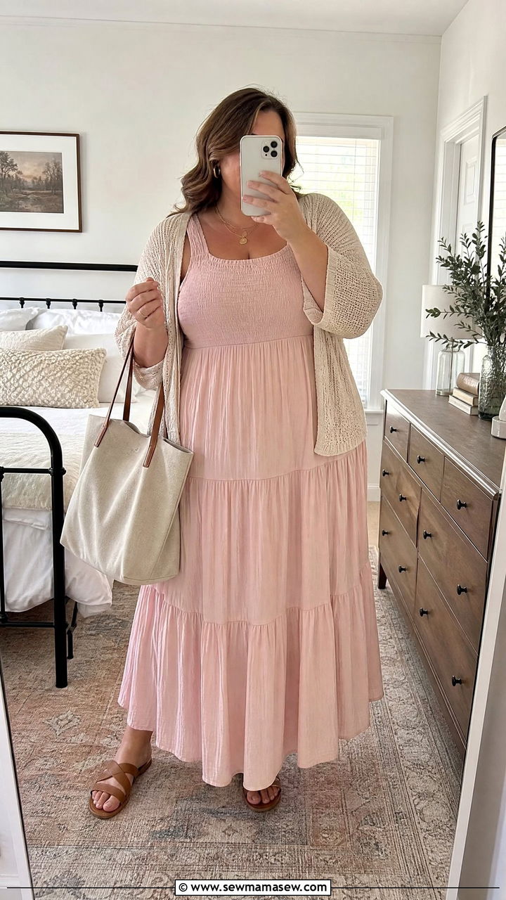 Tiered Maxi Dress with Lightweight Cardigan and Flat Sandals - 25 Maxi dress for plus size outfit ideas