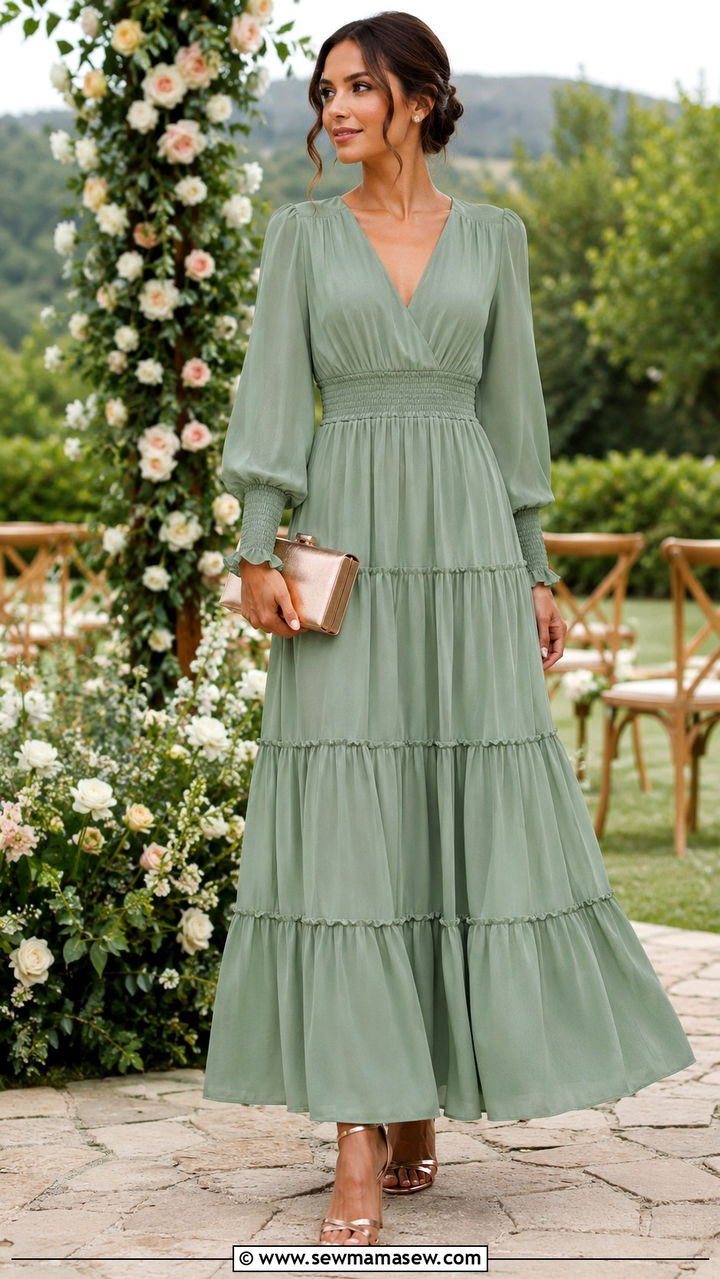 Tiered Maxi Dress with Metallic Heels - 25 Wedding guest outfit ideas Muslim wedding