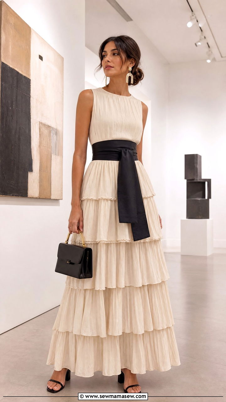 Tiered Maxi Dress with Obi Belt and Block Heels - 30 Maxi dress outfit ideas with a belt
