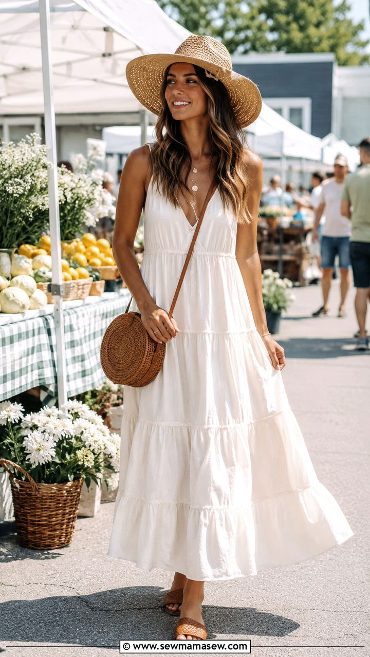 Tiered Maxi Dress with Woven Sandals - 30 boho capsule wardrobe outfits