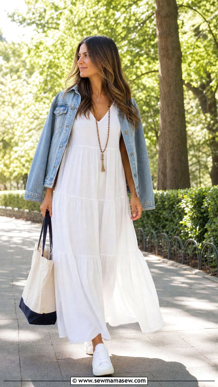Tiered Maxi Dress with a Denim Jacket and White Sneakers - 25 Summer capsule wardrobe Parisian