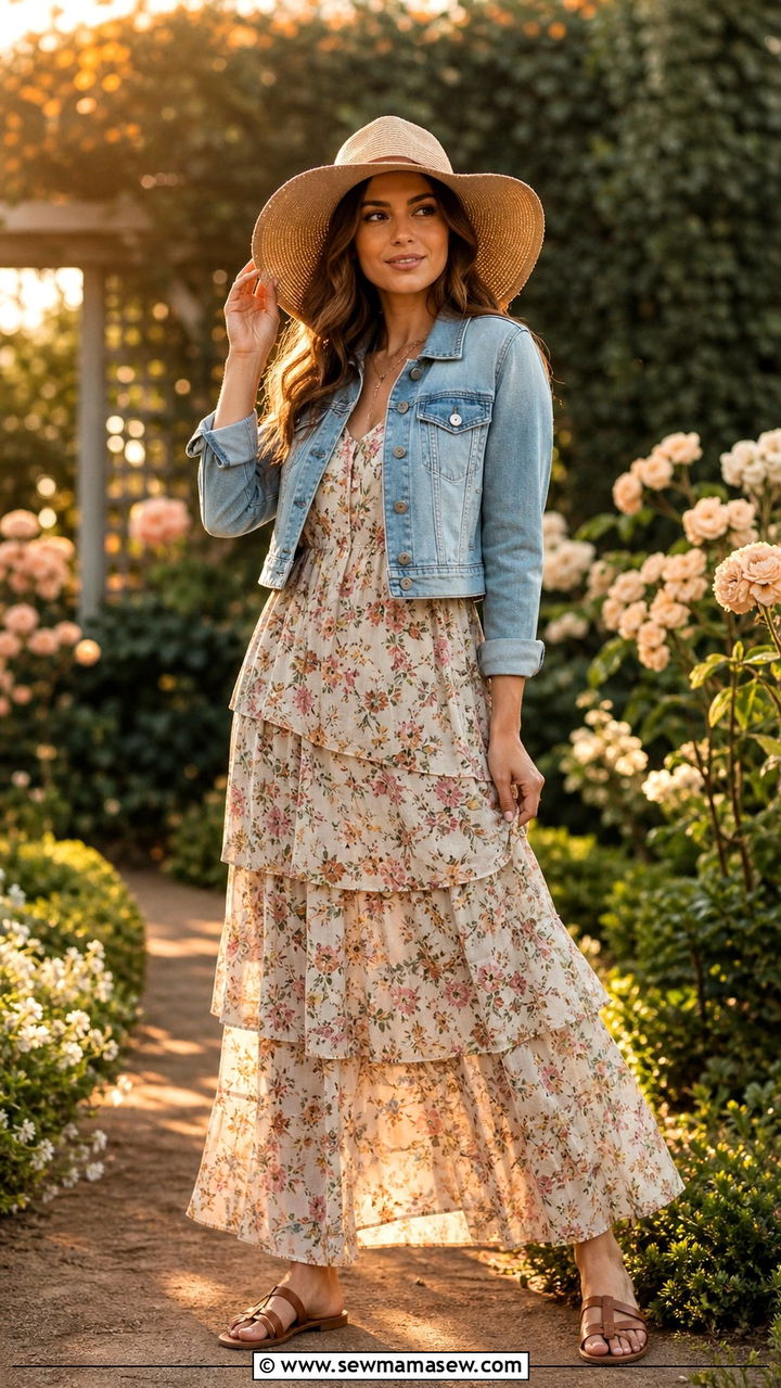 Tiered Maxi Dress with a Denim Jacket - 40 Los Angeles outfit ideas