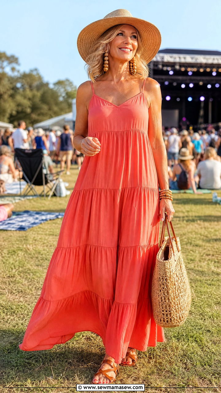 Tiered Maxi Dress with a Straw Wide Brim Hat - 30 Concert outfits for women over 50