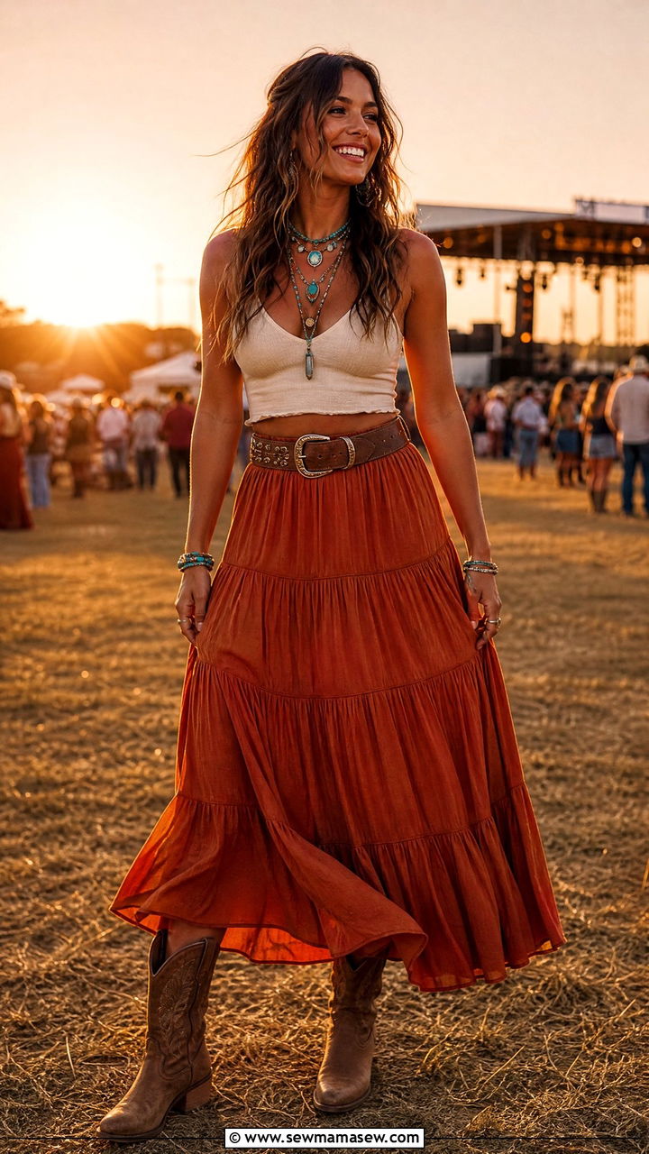 Tiered Maxi Skirt And Crop Top With Ankle Cowboy Boots - 30 Country concert outfit ideas with cowboy boots