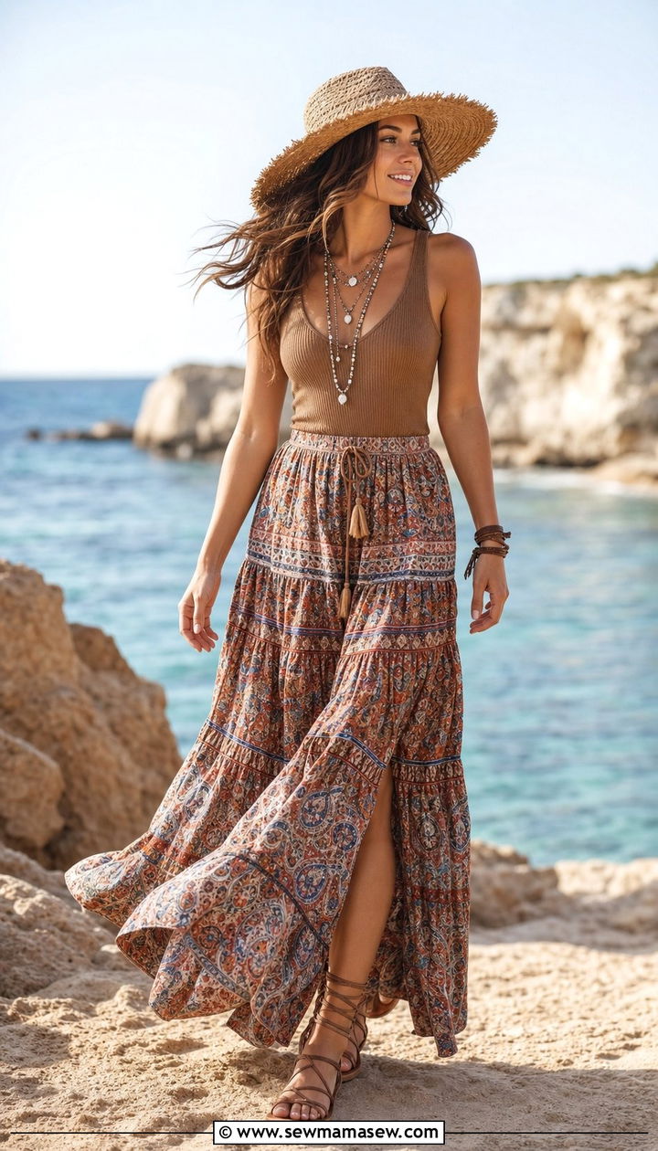 Tiered Maxi Skirt And Fitted Tank - 35 boho outfit ideas for women