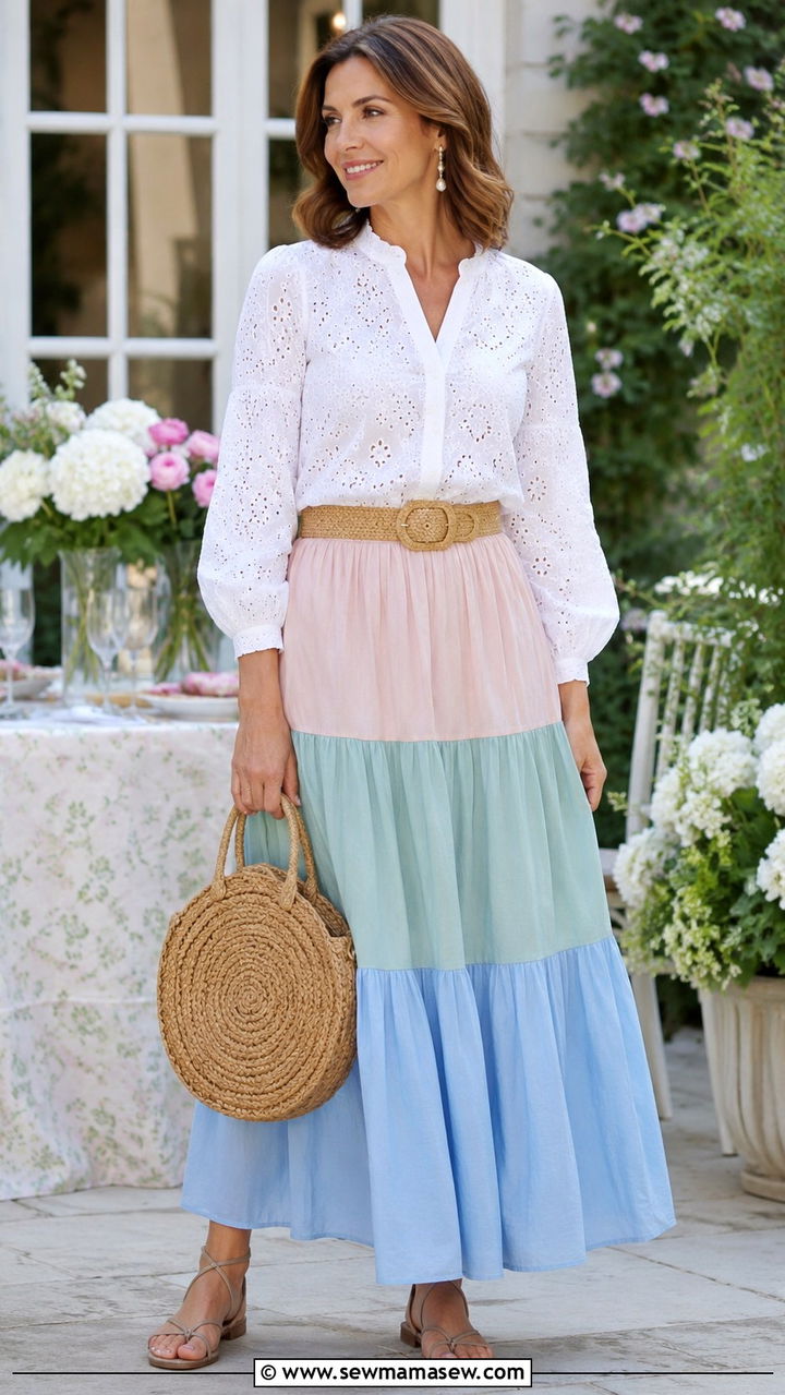 Tiered Maxi Skirt Outfit With Eyelet Blouse - 30 maxi skirt outfits for women over 40