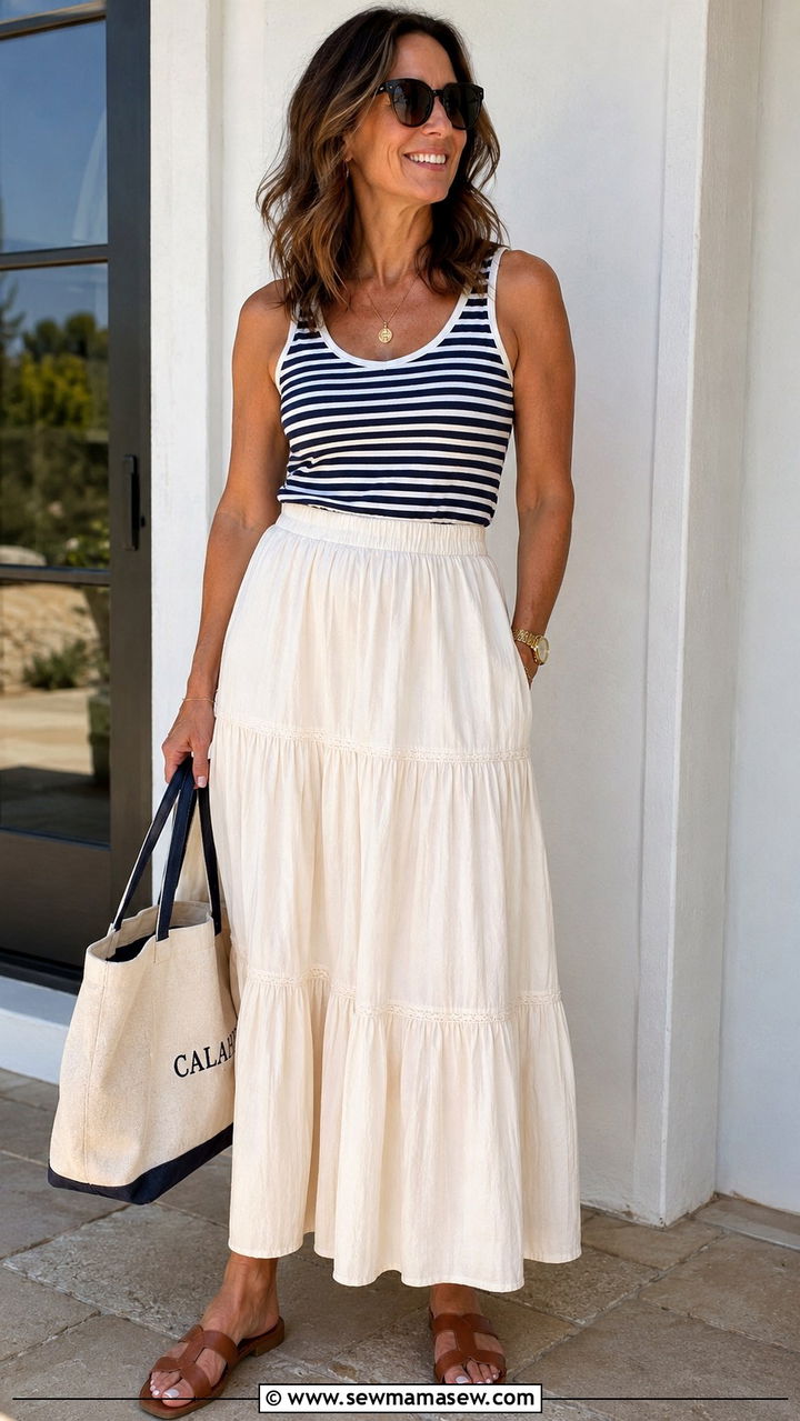 Tiered Maxi Skirt Outfit With Striped Tank - 30 maxi skirt outfits for women over 40