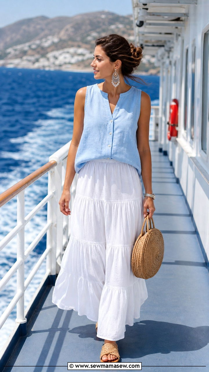 Tiered Maxi Skirt With A Sleeveless Linen Blouse - 40 Summer Greece outfit ideas