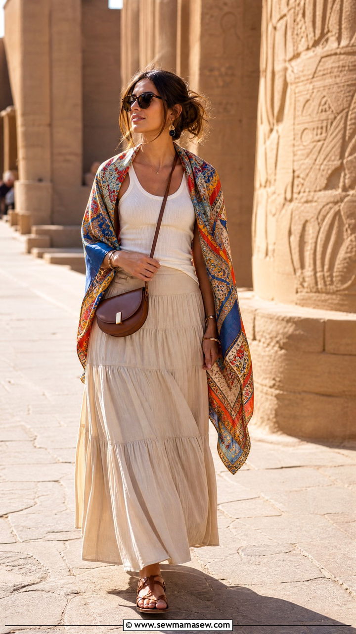 Tiered Maxi Skirt With Cotton Tank And Scarf - 35 Luxor outfit ideas