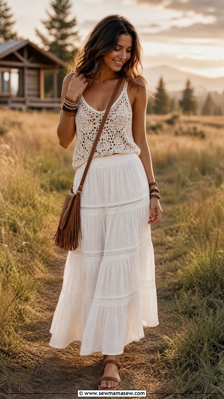 Tiered Maxi Skirt With Crochet Top And Sandals - 30 Summer cabin weekend outfits
