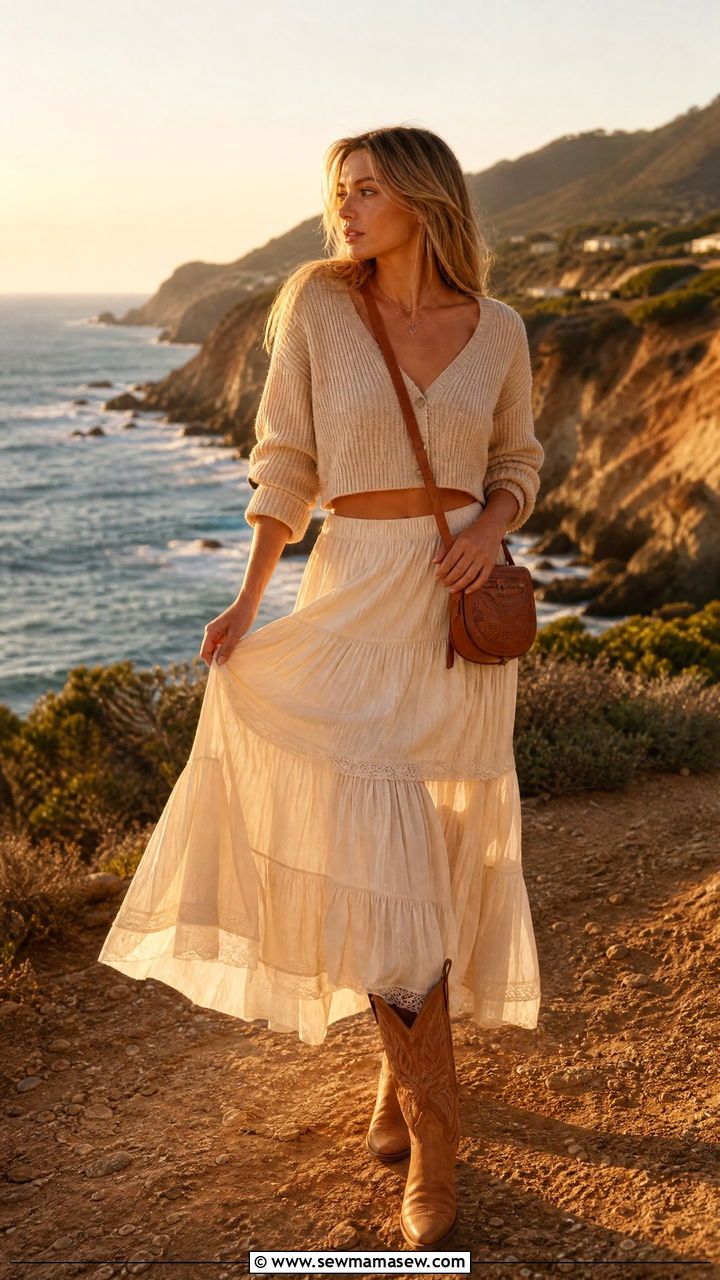 Tiered Maxi Skirt With Cropped Cardigan And Cowboy Boots - 25 classy coastal cowgirl outfit ideas