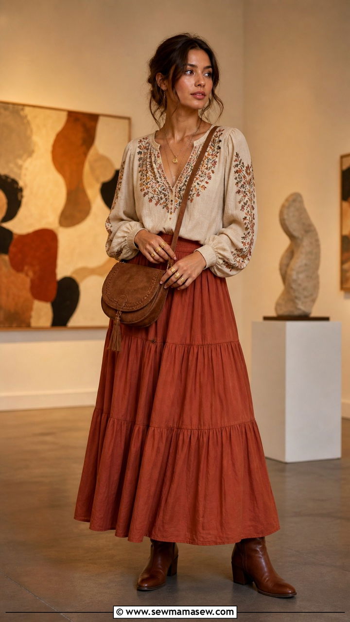 Tiered Maxi Skirt With Embroidered Blouse - 40 boho chic outfits 2026