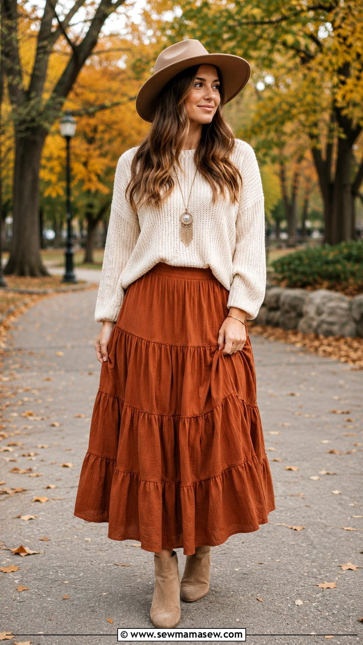 Tiered Maxi Skirt With Fitted Knit Sweater - 30 Modest outfit ideas boho