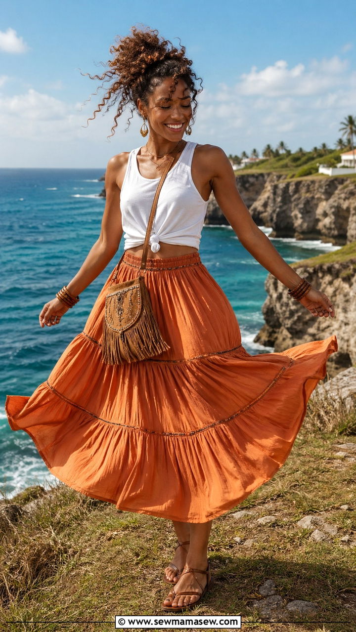 Tiered Maxi Skirt With Knotted Cotton Tank And Flat Sandals - 40 What to wear in Barbados