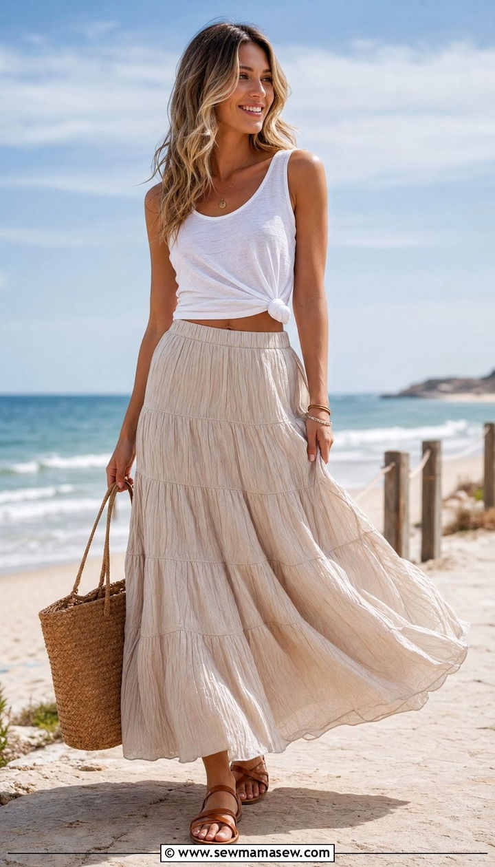 Tiered Maxi Skirt With Knotted Tank Top - 25 classy outfits for women with tummy