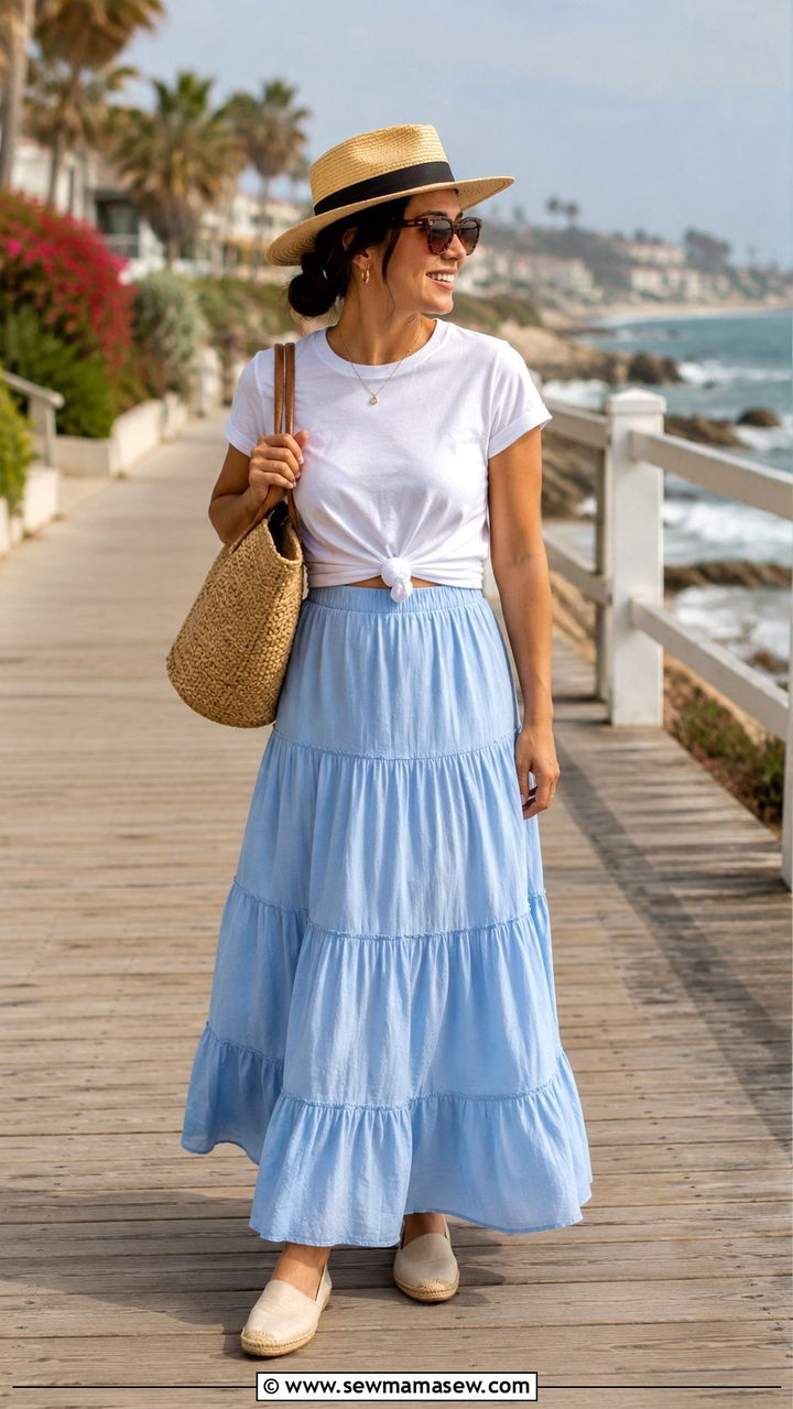 Tiered Maxi Skirt With Knotted Tee - 25 Petite outfit ideas with maxi skirt