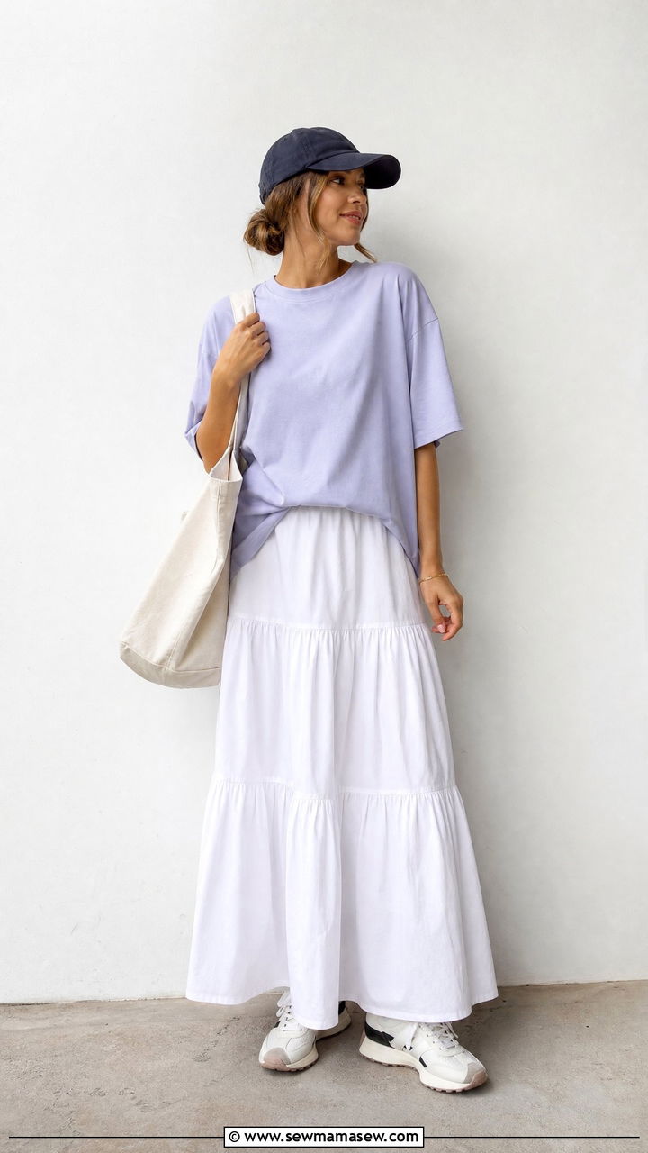Tiered Maxi Skirt With Oversized Tee And Retro Sneakers - 35 maxi skirt outfits aesthetic