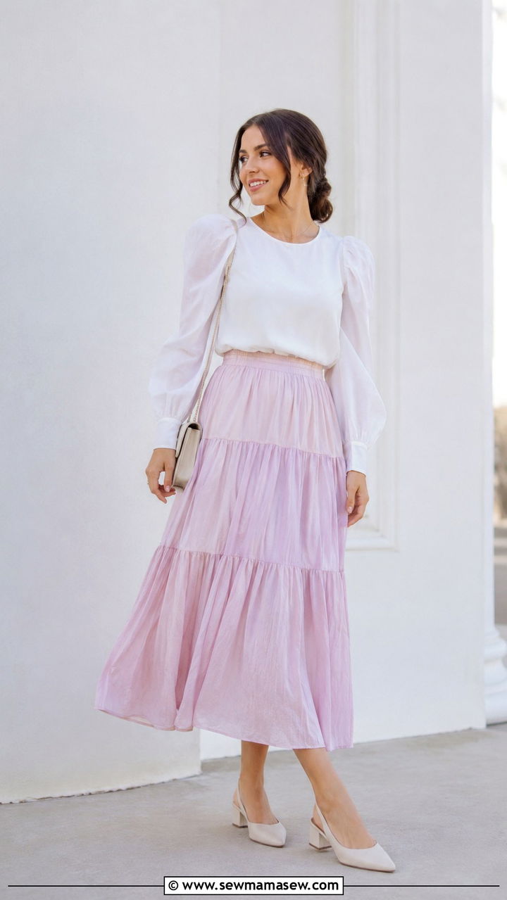 Tiered Maxi Skirt With Puff Sleeve - 30 Modest outfit ideas with long skirt