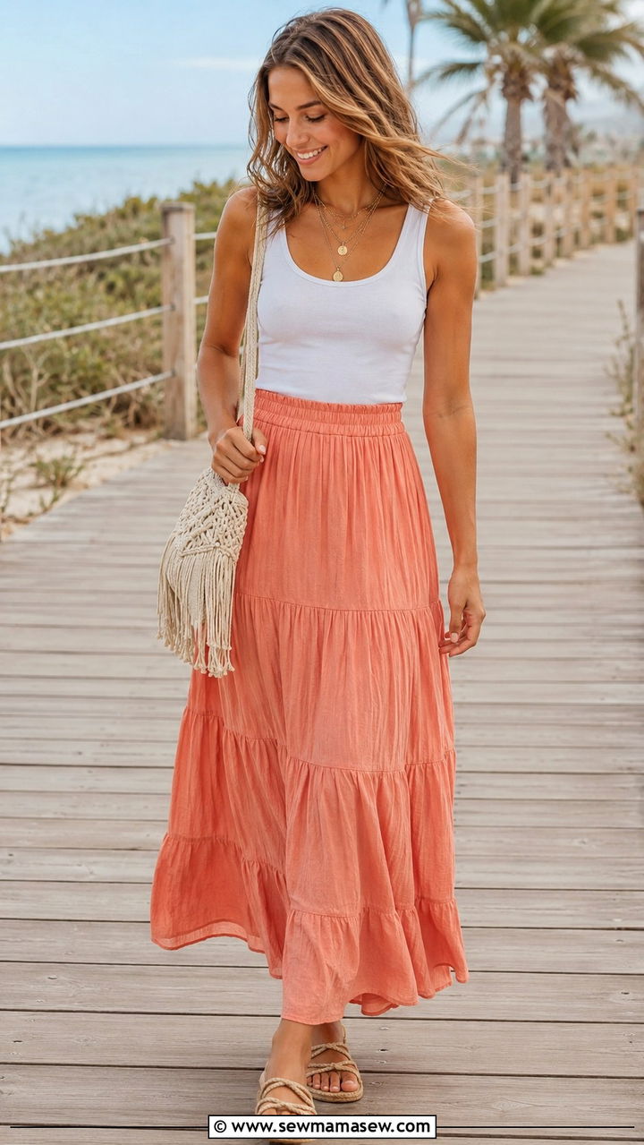 Tiered Maxi Skirt With Simple White Tank - 20 summer outfits 2026 women inspo