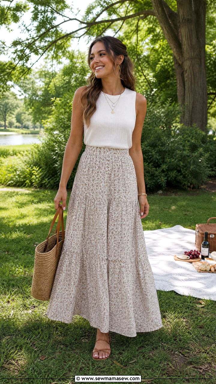 Tiered Maxi Skirt With Sleeveless Top - 35 Midsize summer outfit ideas