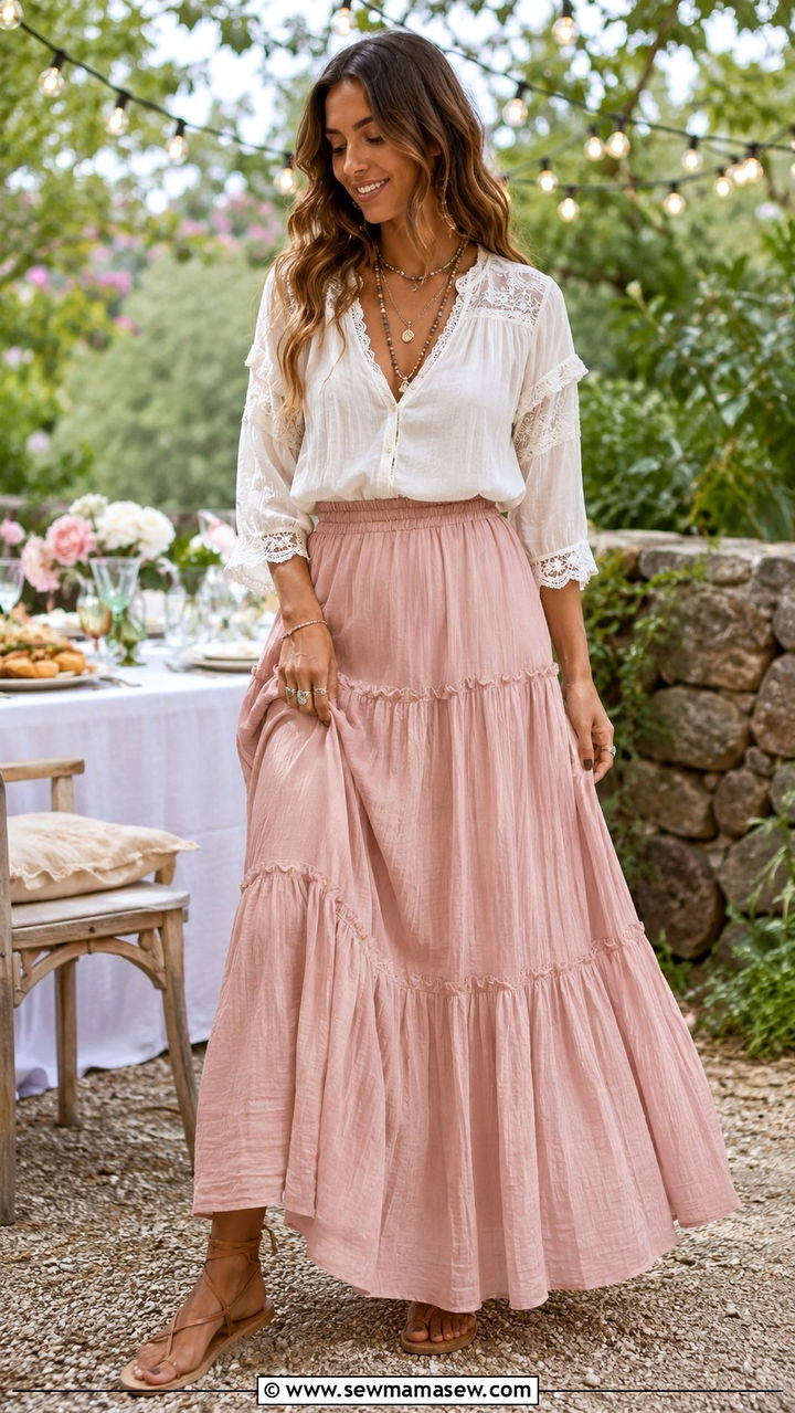 Tiered Maxi Skirt and Cotton Blouse with Silver Rings - 25 Boho outfit ideas with silver rings