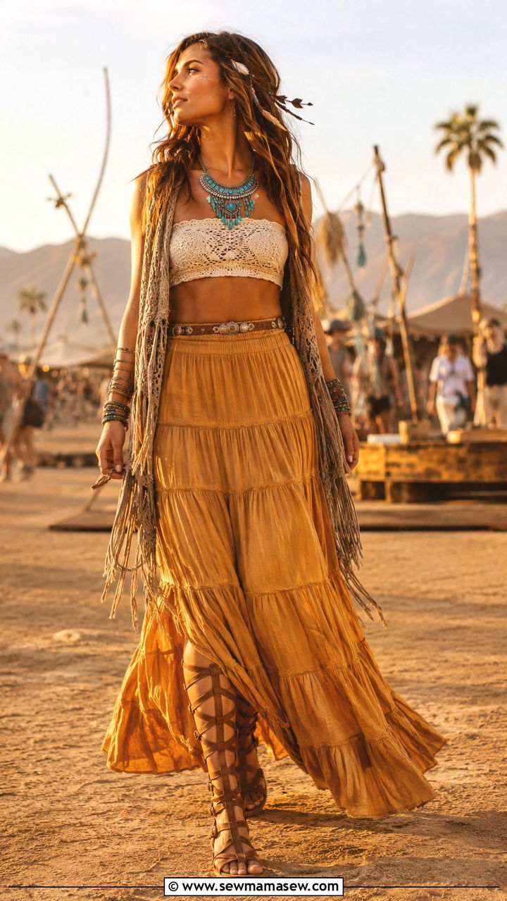 Tiered Maxi Skirt and Crochet Bandeau - 30 Boho outfit ideas for festival