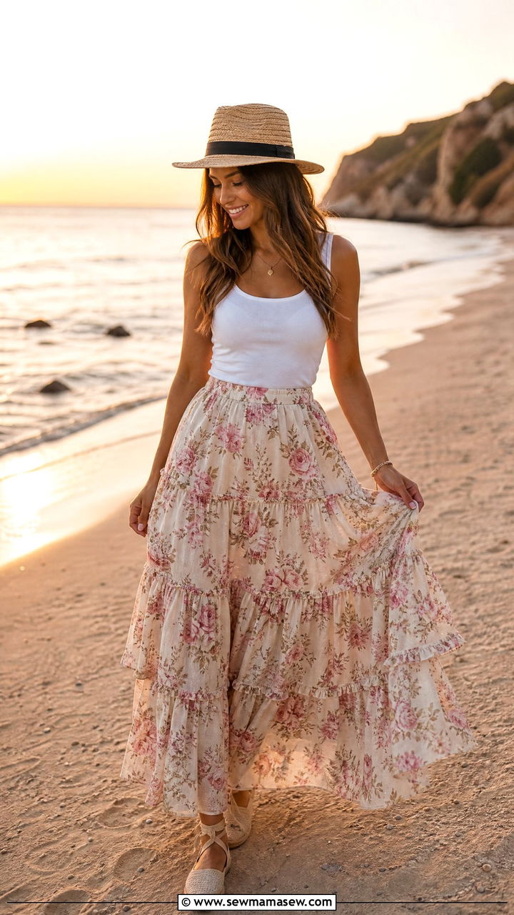 Tiered Maxi Skirt and Fitted Tank Top - 30 summer romantic outfit ideas