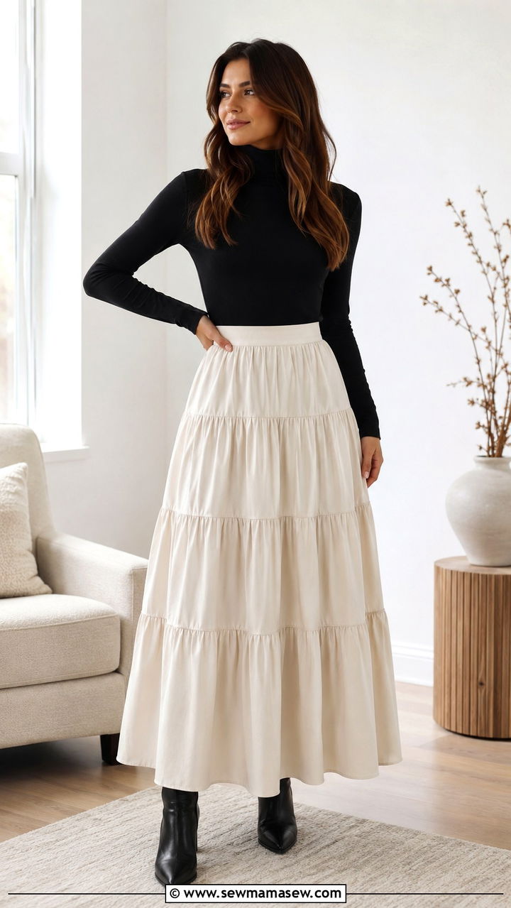 Tiered Maxi Skirt and Fitted Turtleneck - 30 Outfit ideas for long torso