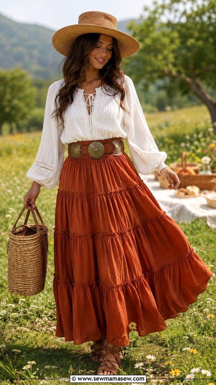 Tiered Maxi Skirt and Peasant Blouse With Concho Belt - 25 Boho outfit ideas with concho belt