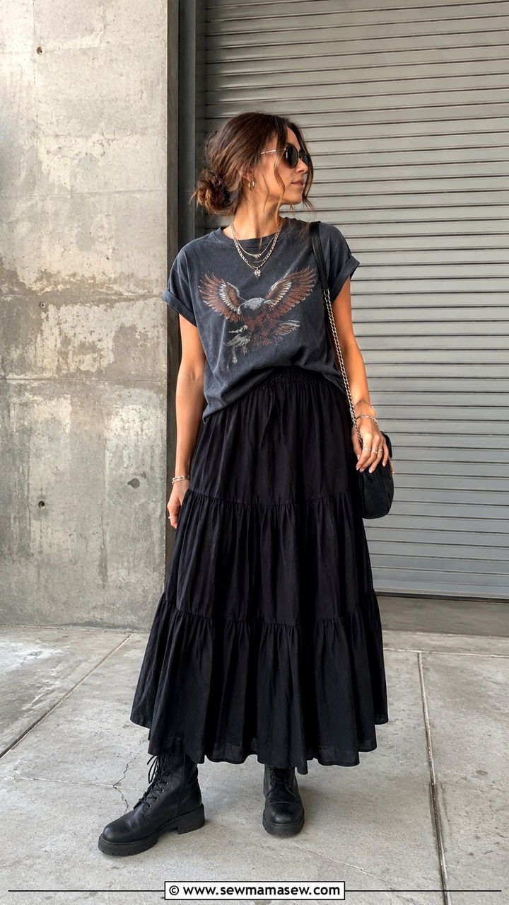 Tiered Maxi Skirt with Band Tee - 30 Maxi skirt outfit ideas with a tee