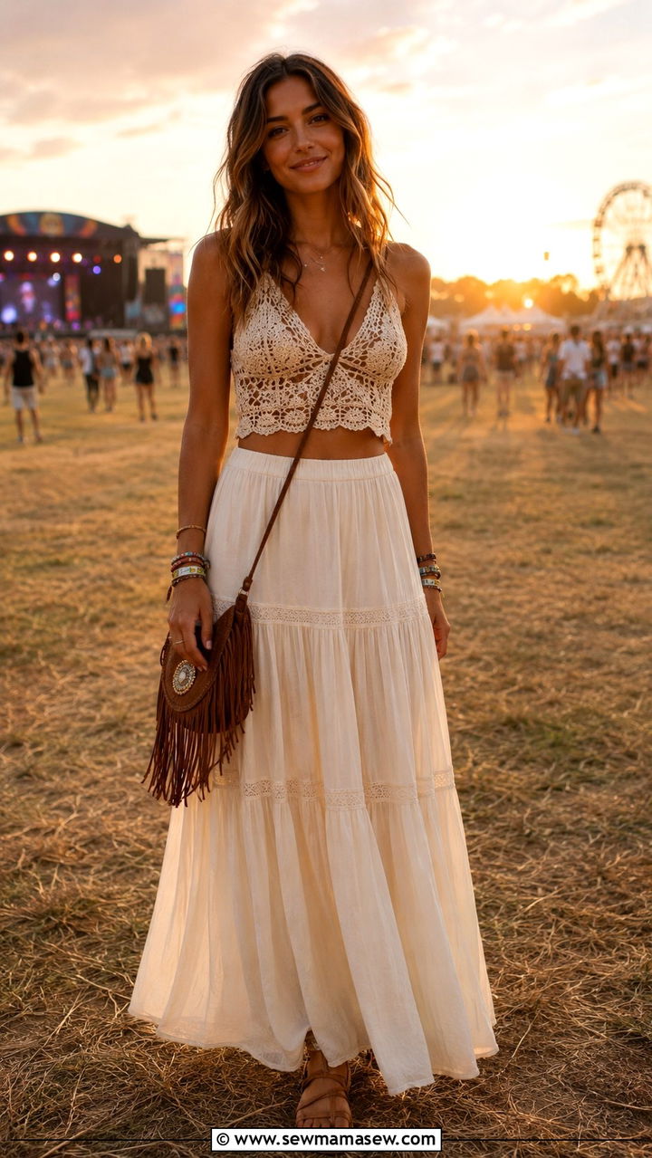 Tiered Maxi Skirt with Crochet Crop Top - 30 Maxi skirt outfit ideas with a crop top