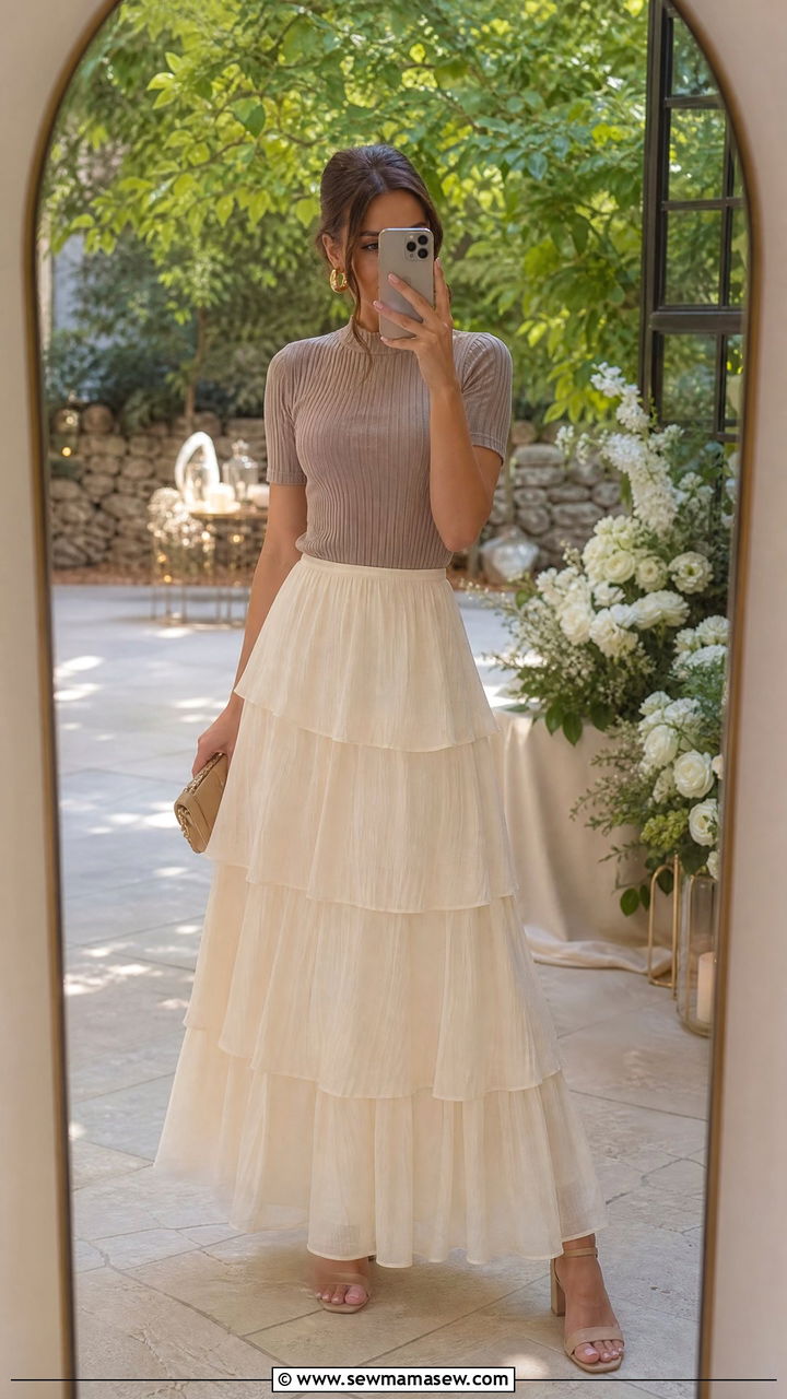 Tiered Maxi Skirt with Fitted Knit Top - 35 Garden wedding guest outfits