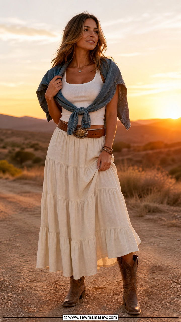Tiered Maxi Skirt with Fitted Tank Top Outfit - 30 Country spring outfits