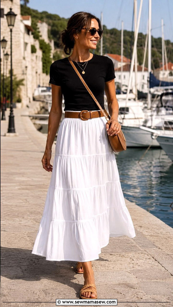 Tiered Maxi Skirt with Fitted Tee and Flat Sandals - 30 Travel outfit ideas for moms