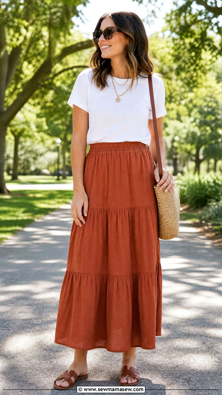Tiered Maxi Skirt with Fitted Tee and Slide Sandals - 35 maxi skirt outfits ideas