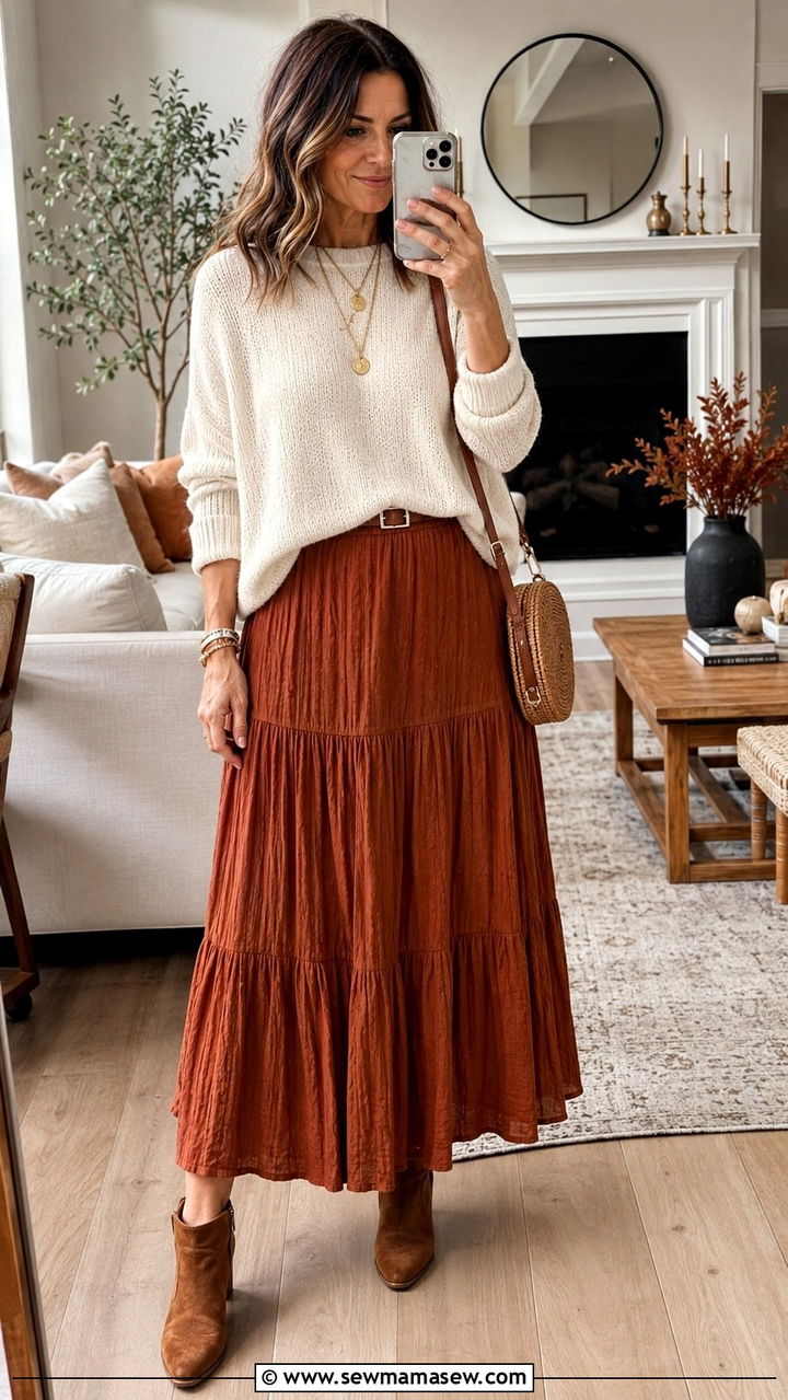 Tiered Maxi Skirt with Knit Sweater Outfit - 30 Boho outfit ideas for women over 40