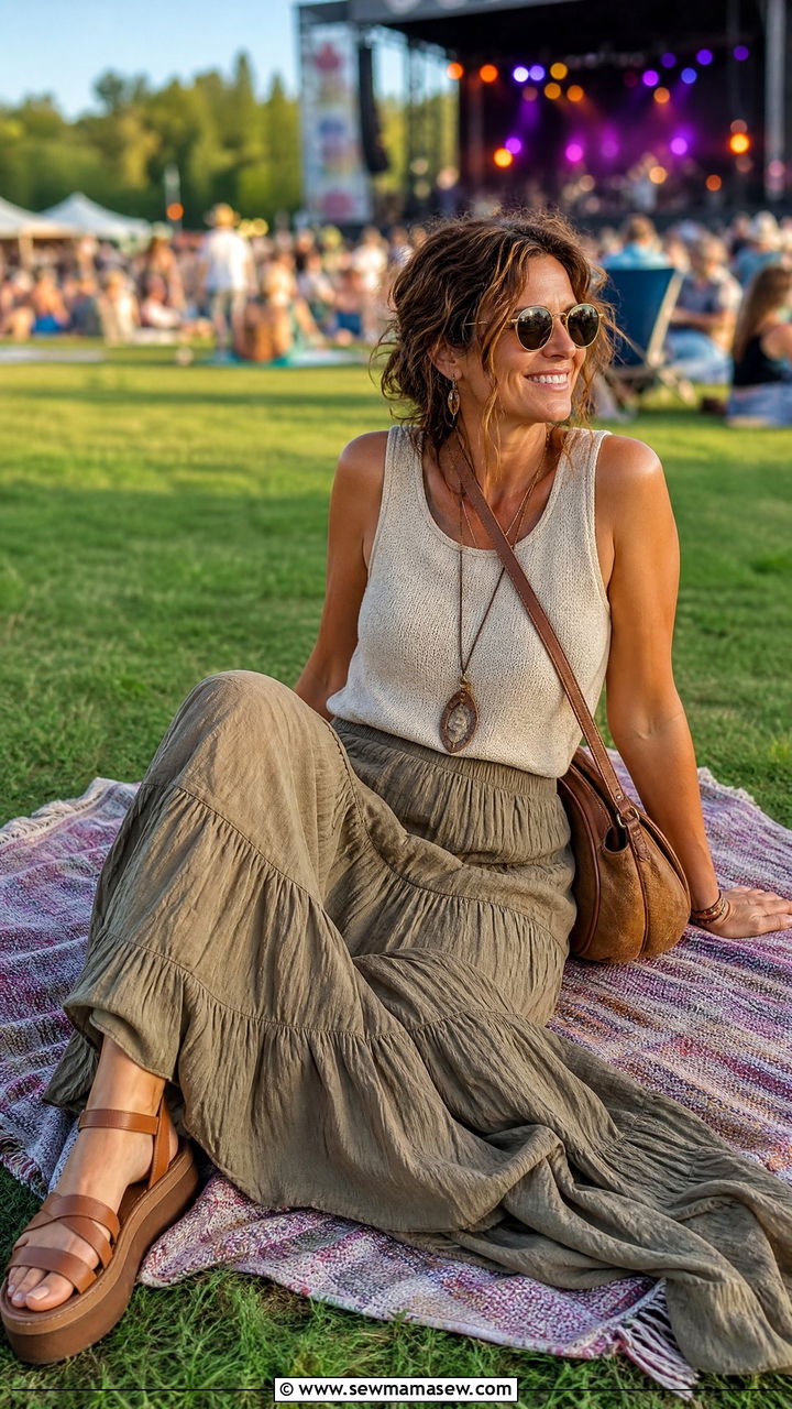 Tiered Maxi Skirt with Knit Tank and Flat Sandals Festival Outfit - 30 music festival outfits for women over 40