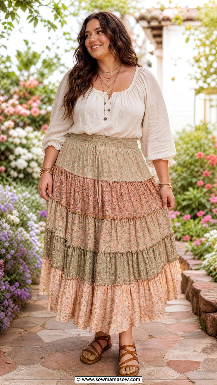 Tiered Maxi Skirt with Peasant Blouse - 25 Maxi skirt outfit ideas plus size