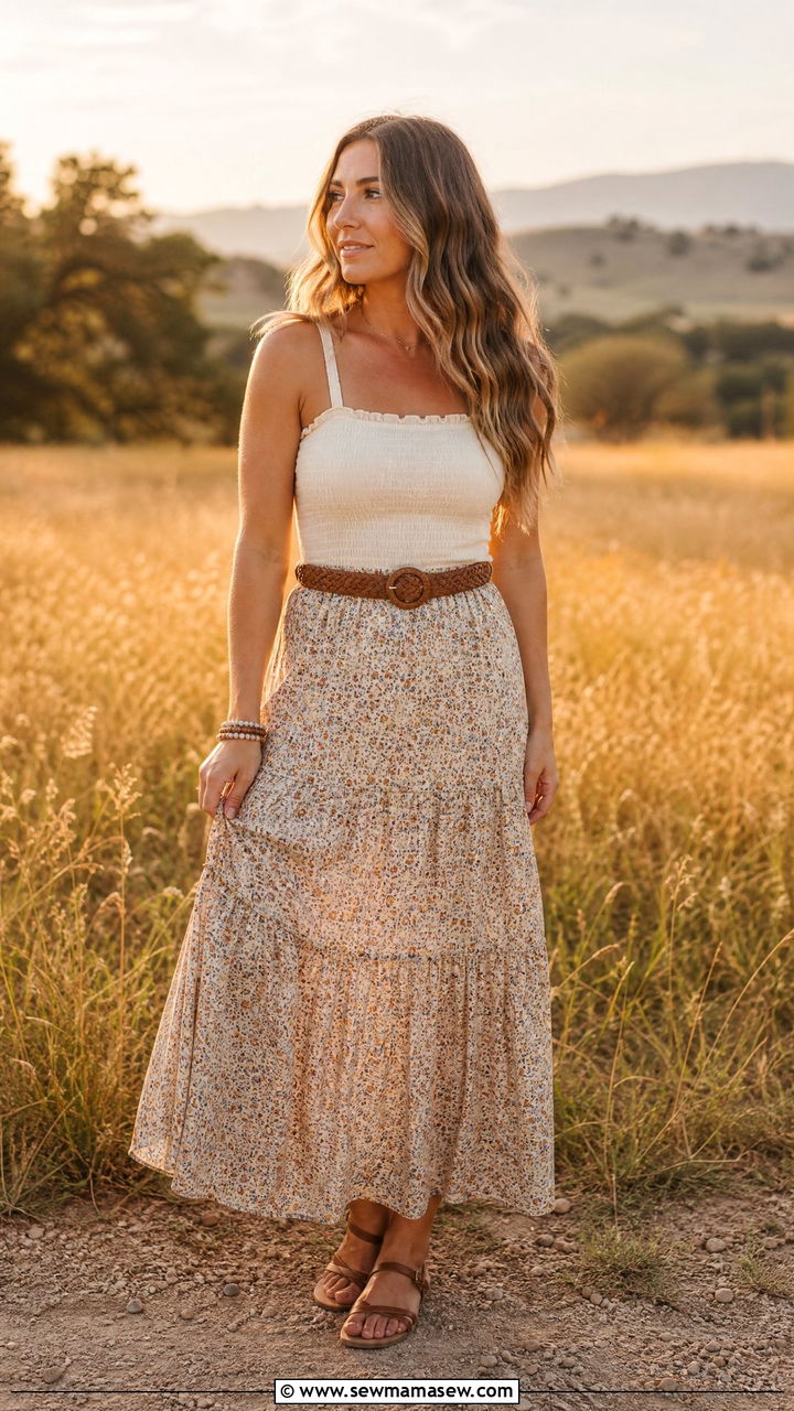 Tiered Maxi Skirt with Smocked Top and Sandals - 30 Cottagecore spring outfits