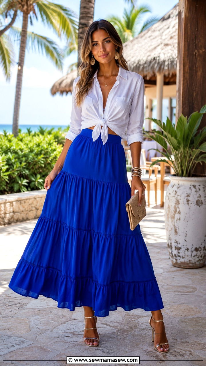 Tiered Maxi Skirt with Strappy Heeled Sandals - 30 Maxi skirt outfit ideas with heels