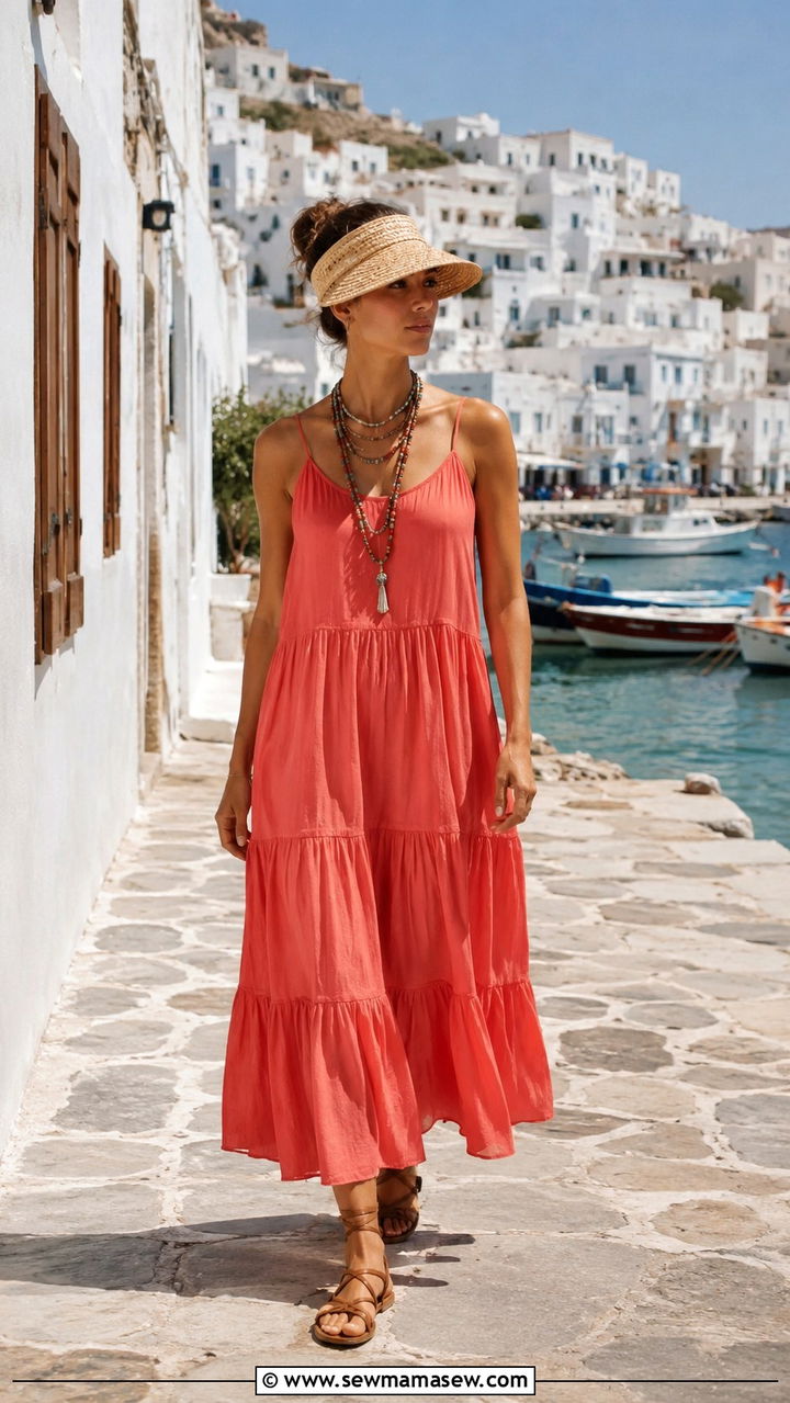 Tiered Maxi Sundress with Flat Gladiator Sandals - 30 chic cruise outfits for women