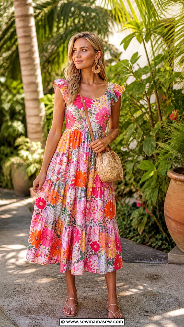 Tiered Midi Dress And Strappy Flats Miami Garden Party Outfit - 40 Miami outfit ideas