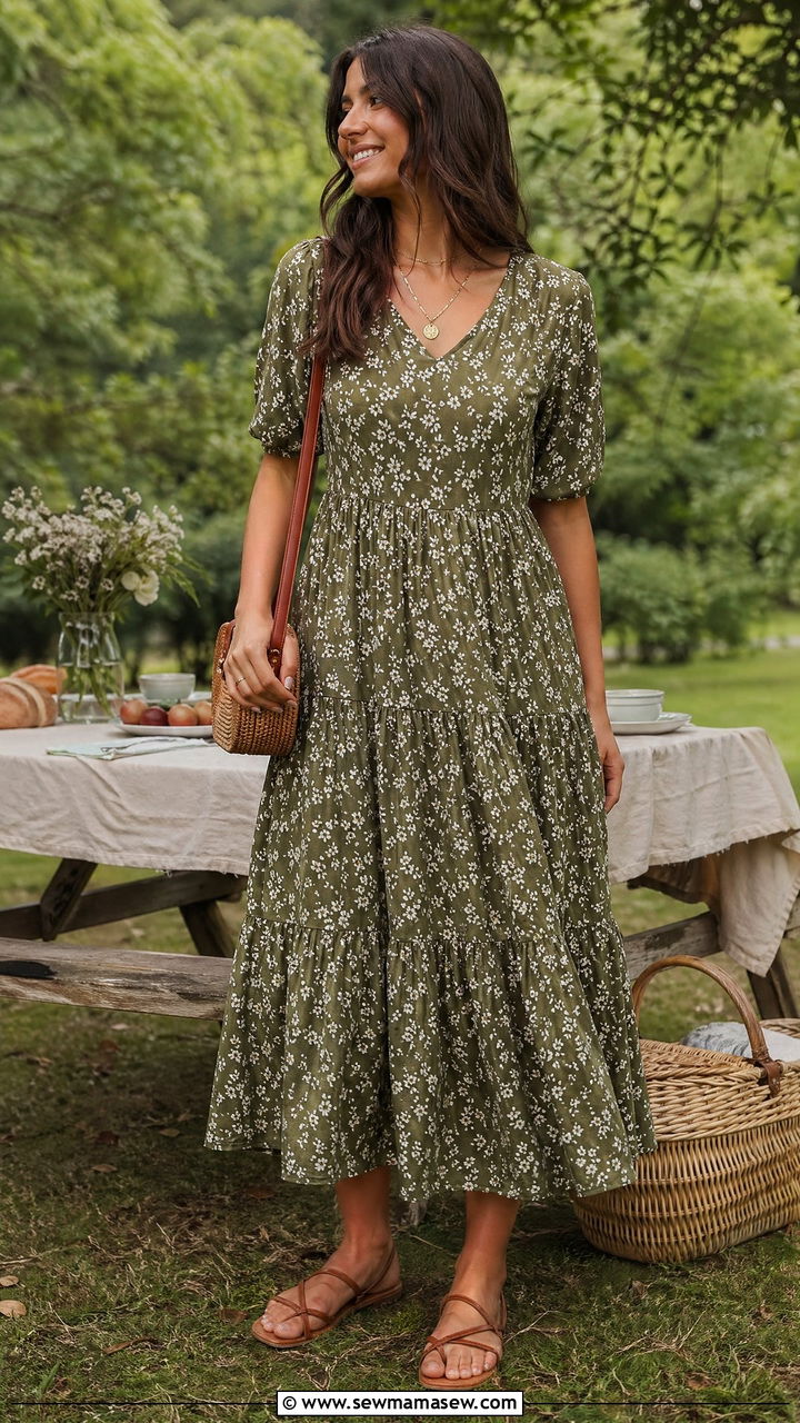 Tiered Midi Dress Outfit with Flat Sandals - 35 dress outfits for women