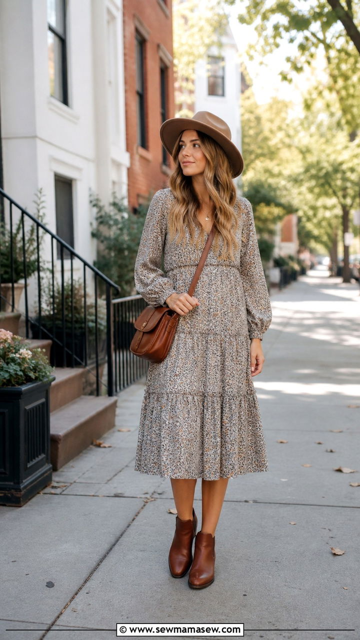 Tiered Midi Dress With Ankle Boots - 40 casual dress outfits